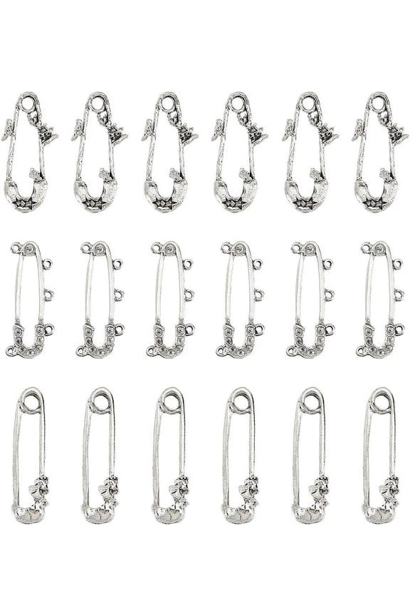 18 Pcs Alloy 3 Styles Heavy Duty Pins Pendant Silver Rhinestone Chandelier Component Links with 5 Loops Retro Settings Brooches Charm Sewing Tool