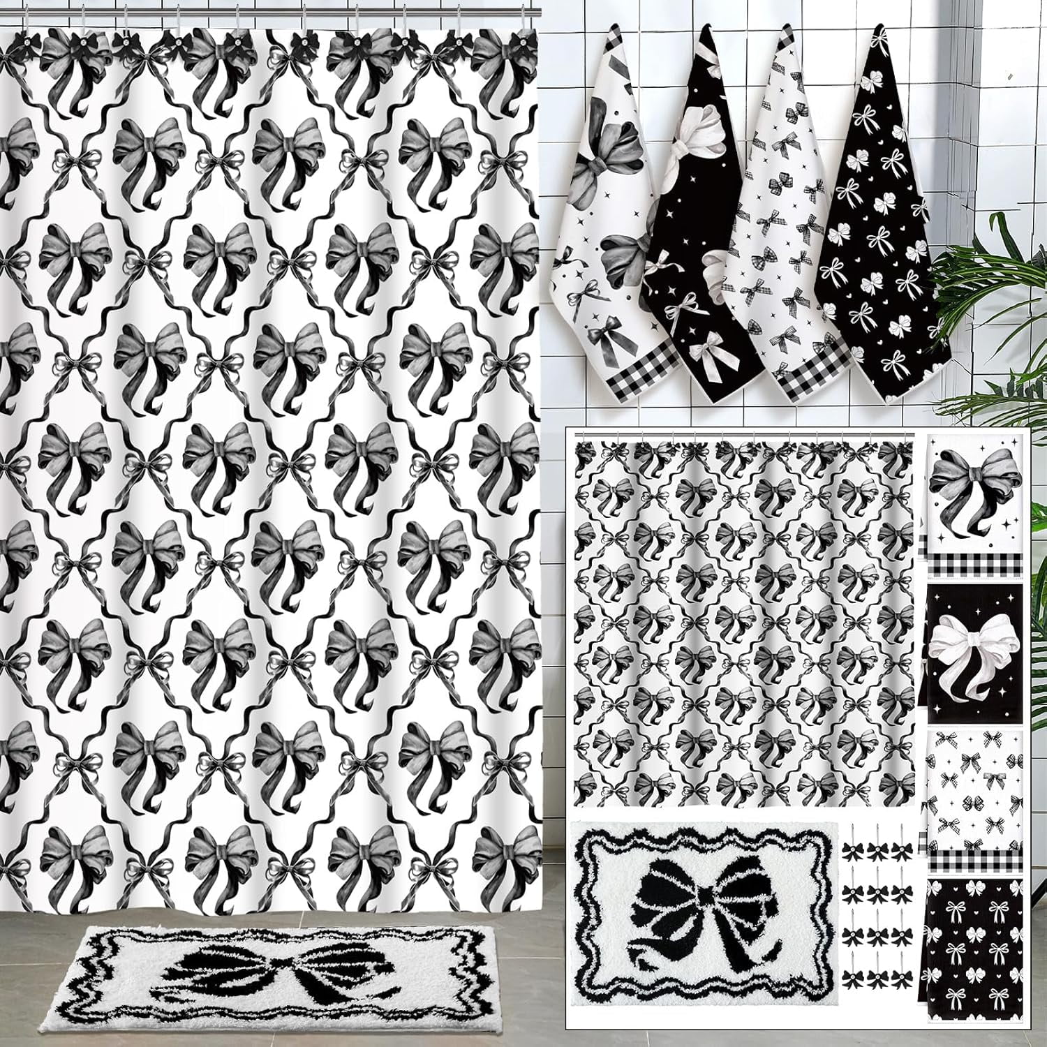 18 Pcs Black Bow Fabric Shower Curtain Set with 12 Decorative Shower Curtain Hooks Black Bow Knot Bathroom Towels Coquette Non Slip Absorbent Microfiber Rug for Modern Aesthetic Bathroom