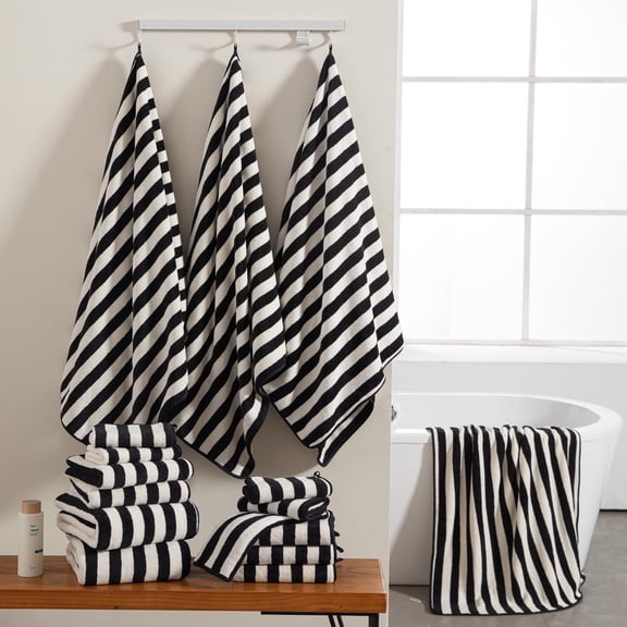 18 Pcs Black White Cabana Stripe Family Towels Set-6 Bath Sheets,6 Hand Towels,6 Washcloths Soft Jumbo Bathroom Towels Absorbent Shower Towel Quick Dry Beach Chair Towel Spa Gym Hotel Towel Set