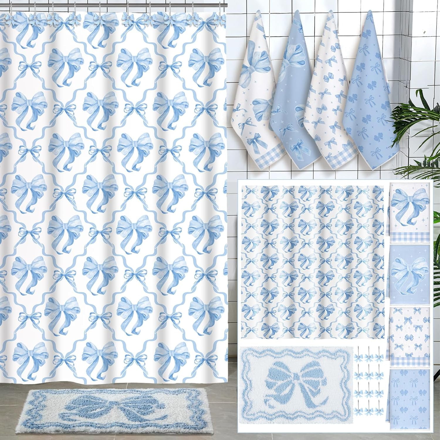 18 Pcs Blue Bow Fabric Shower Curtain Set with 12 Decorative Shower Curtain Hooks Blue Bow Knot Bathroom Towels Coquette Non Slip Absorbent Microfiber Rug for Modern Aesthetic Bathroom