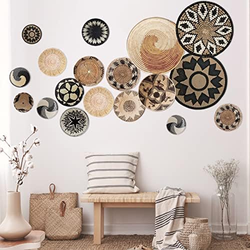 18 Pcs Boho Basket Wall Decals Round Wall Sticker Modern Decor Peel and Stick Decor Sticker Removable Boho Stickers Rustic Art for Bedroom Office, Stickers Only(Rustic Style)