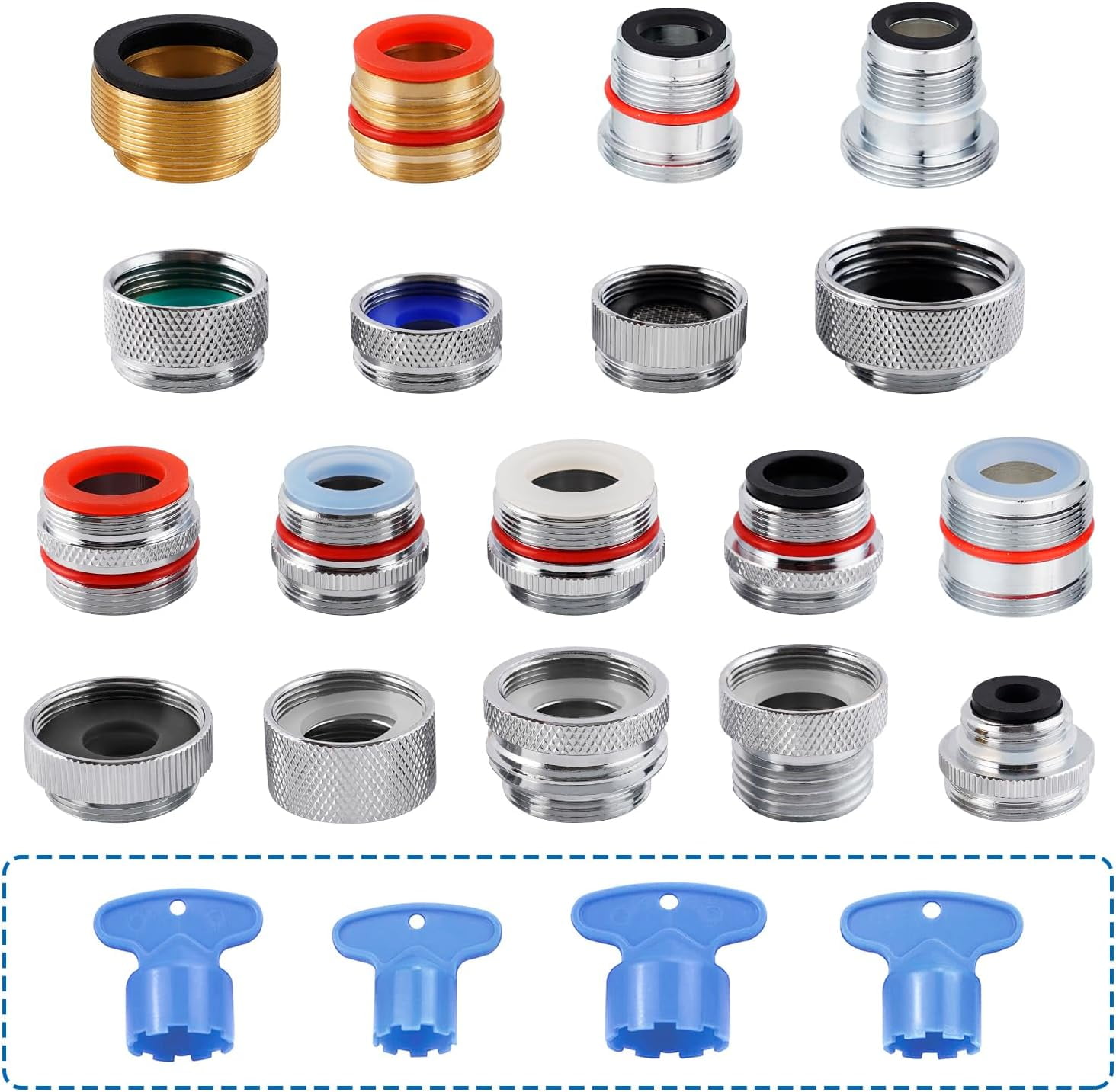 18 Pcs Brass Faucet Adapter Kit, Kitchen Sink Aerator Adapters with 4 Pcs Removal Wrench Tools, Male Female Connectors for Faucet with Removable Aerators to Water Filter, Garden Hose, Rv