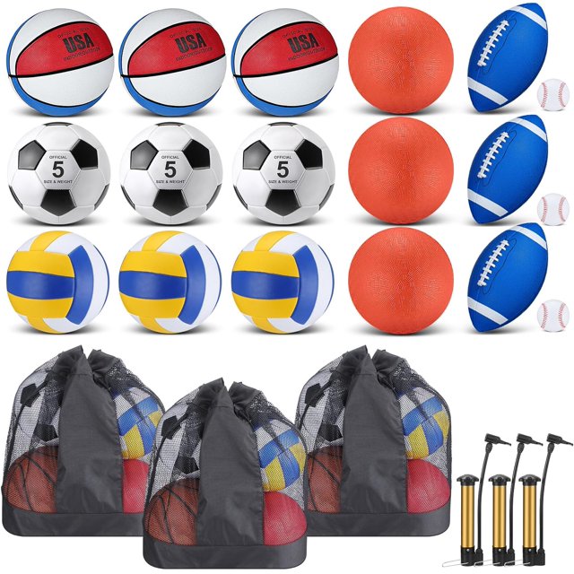 18 Pcs Bulk Sport Balls Set Basketball Football Volleyball Soccer