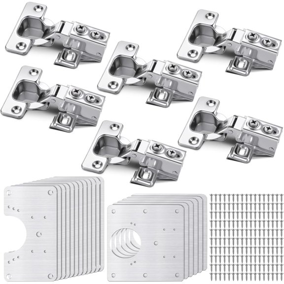 18 Pcs Cabinet Hinge Repair Plate, Stainless Steel Hinge Repair Kit, Kitchen Cupboard Door Brackets, Household Fixing Plate with Mounting Screw (18 Service Panel+6 Hinges+108 Screws)