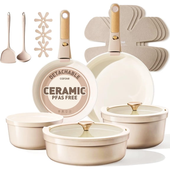 18 Pcs Ceramic Cookware Set Titanium Nonstick with Detachable Handles, Non Toxic Cookware, Pots and Pans Set Non Stick Removable Handles, Induction Available, Kitchen Cooking, Dishwasher Safe