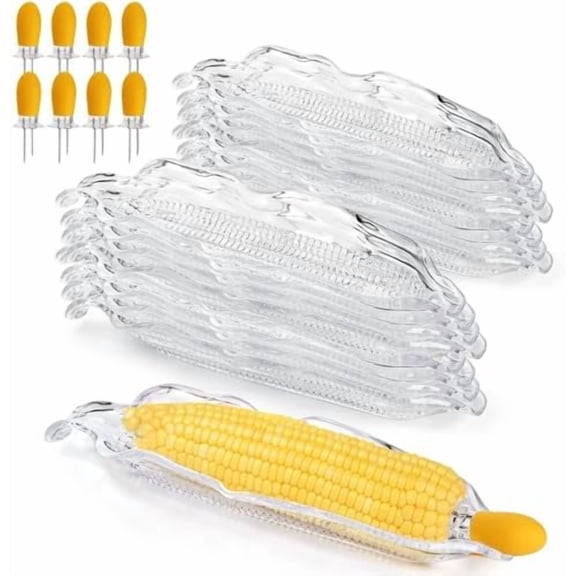 18 Pcs Corn Dish Set - Clear Plastic Corn Tray with 8 Corn Cob Holders, Transparent Dinnerware with Stainless Steel Skewer Needle for Sweet Butter Corn/Barbecue (Home Decor)