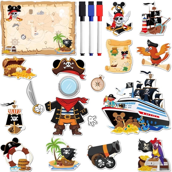 18 Pcs Cruise Door Decorations Magnetic, Pirate Captain Dress Up Nautical Cruise Ship Door Magnets, Fun Pirate Themed Magnetic Ship Cabin Signs Fridge Magnets Decor with 3 Pens