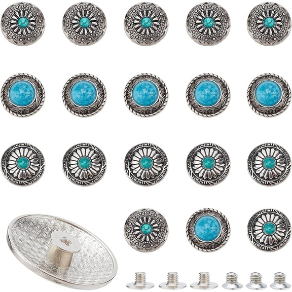 18 Pcs Decorative Buckle Screw Back Buttons Vintage Artificial Turquoise Buttons Round Metal Daisy Screw Button for DIY Leather Craft Silver DIY