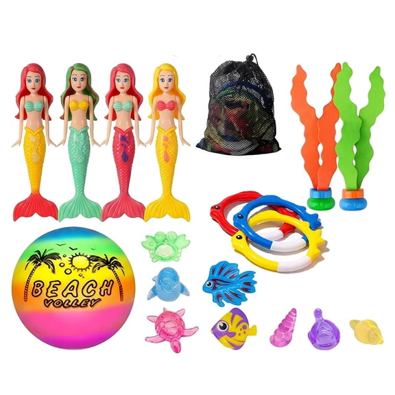18 Pcs Pool Diving Toys for Kids Ages 3-12 | Mermaid Pool Toys, Dive Toys with Diving Gems and Treasure Chest, Diving Rings, Storage Bag, Water Toys for Boys and Girl