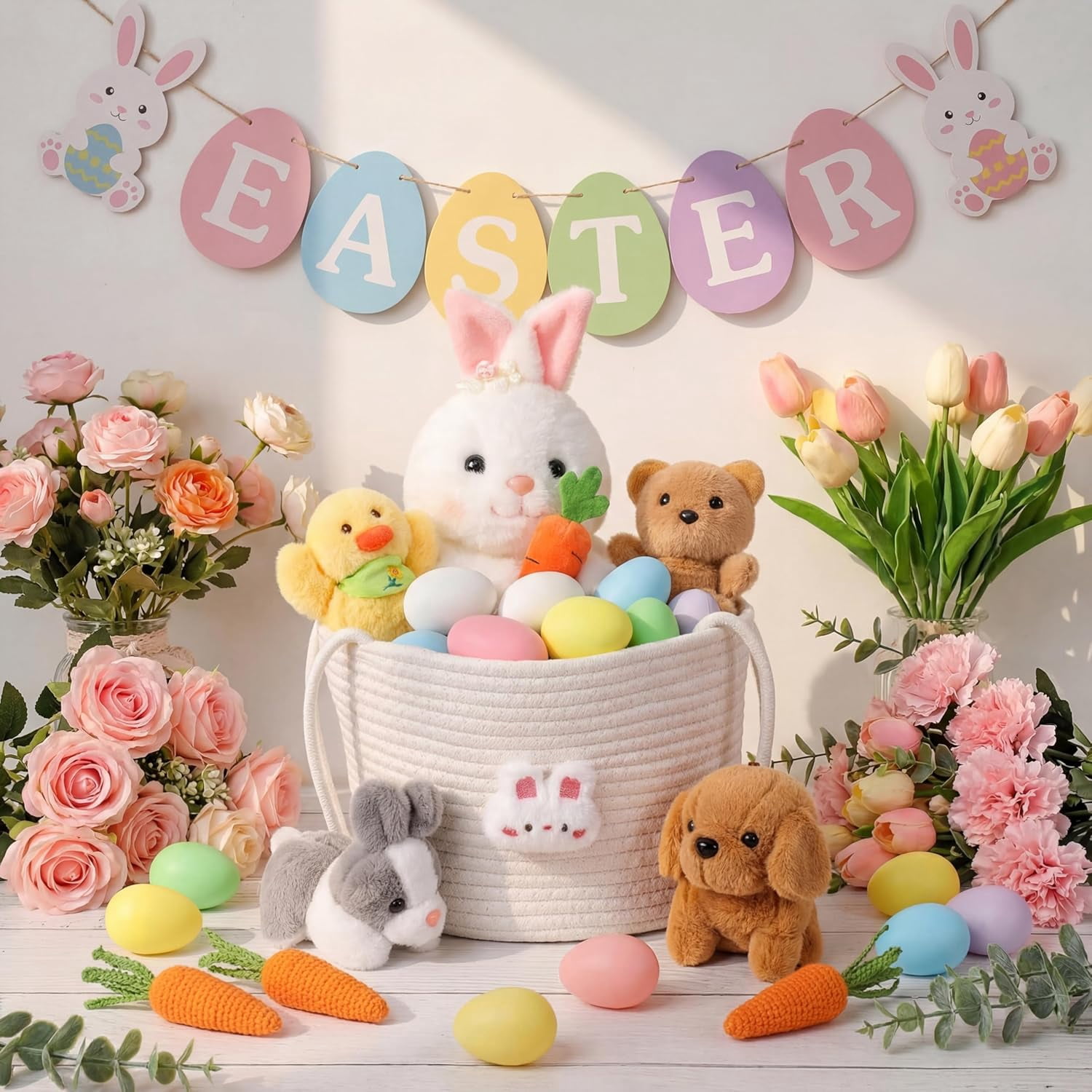18 Pcs Easter Bunny Gift Basket Toys Easter Basket Plush Stuffers Bunny Rabbit Eggs Plush Animal Toy for Party Favor Picnic Decoration