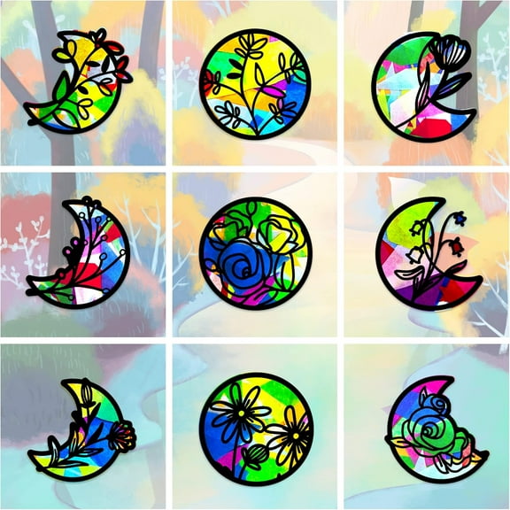 18 Pcs Flowers Stained Glass Effect Paper Suncatchers Moon Phases Window Clings Moon Phases and Flower Stained Suncatchers Kits for Windows Arts Crafts Decor Glass Indoor Window Door Decals Flower