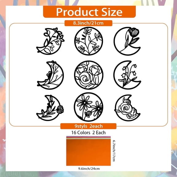18 Pcs Flowers Stained Glass Effect Paper Suncatchers Moon Phases Window Clings Moon Phases and Flower Stained Suncatchers Kits