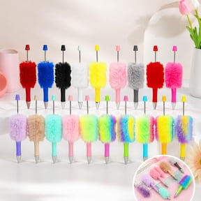 18 Pcs Fluffy Beadable Pen Fuzzy Plastic Bead Ballpoint Pen Retractable Beaded Writing Pens for DIY Craft Office Supplies, Multicolor