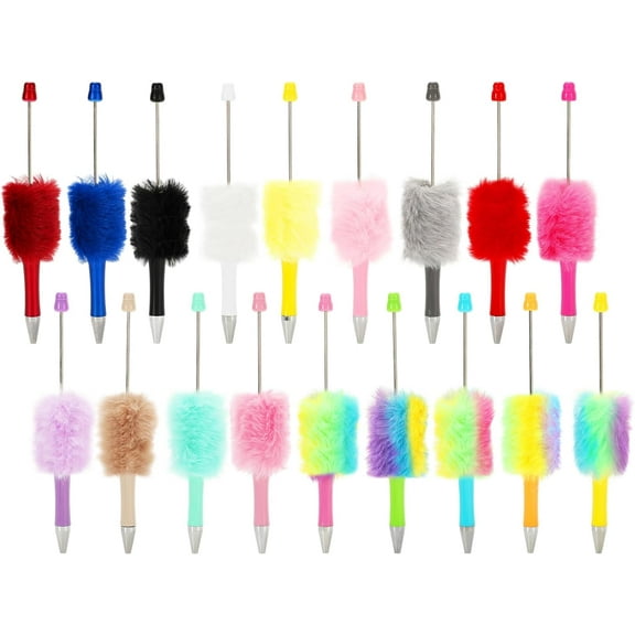 18 Pcs Fluffy Beadable Pen Fuzzy Plastic Bead Ballpoint Pen Retractable Beaded Writing Pens for DIY Craft Office Supplies, Multicolor