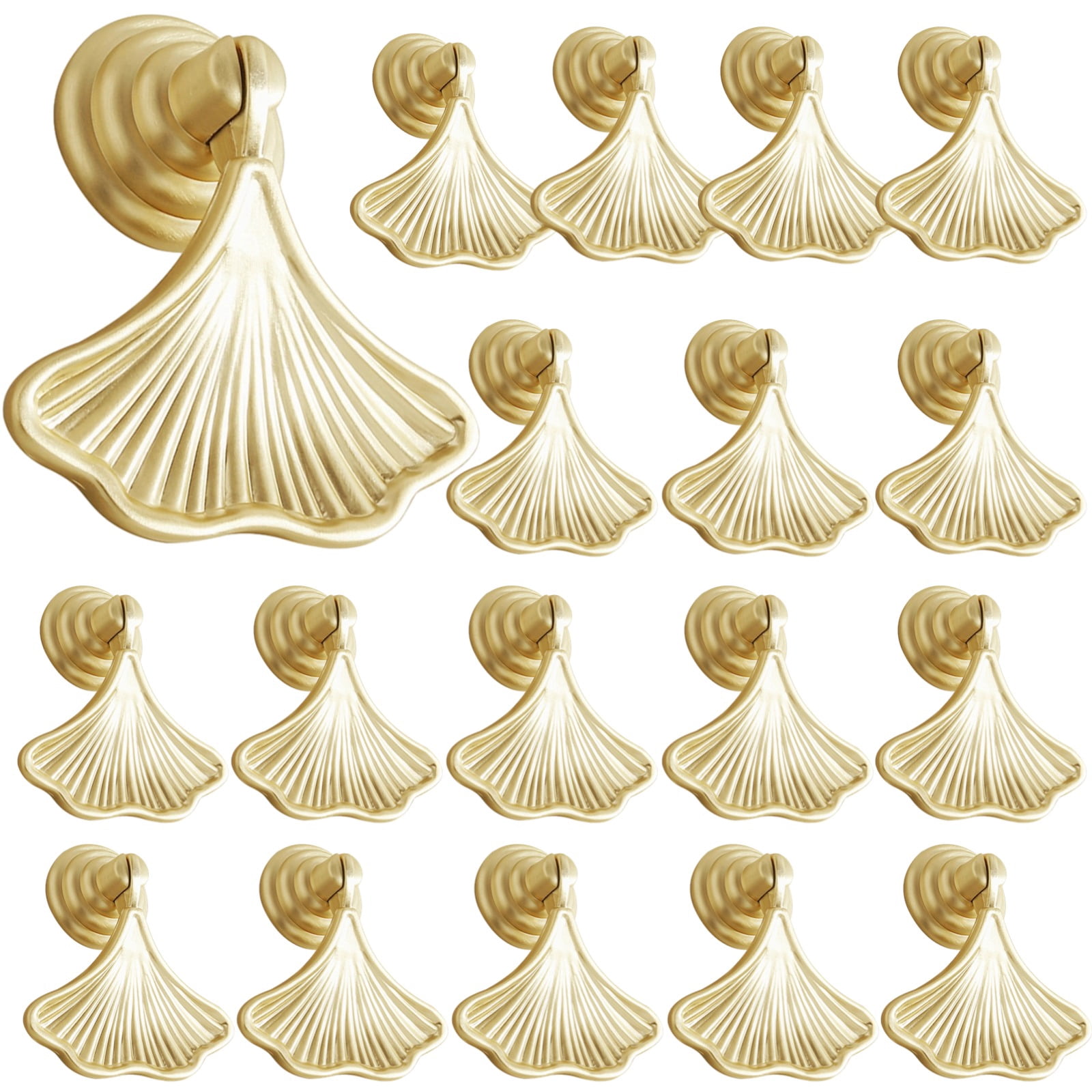 18 Pcs French Zinc Alloy Cabinet Knobs, Modern Gold Matte Drawer Pulls, Single Hole Handles for Dresser, Wardrobe, and Cupboard, Unique Fan Shape Design for Home Decoration