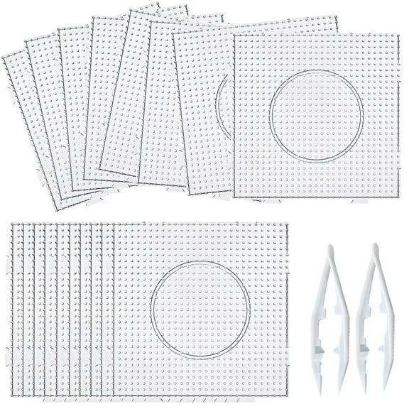 18 Pcs Fuse Beads Pegboards, Large Clear Plastic Fused Bead Stencil with 2 Tweezers, Diy Craft Board Set for Art Projects (841 Bead Capacity)