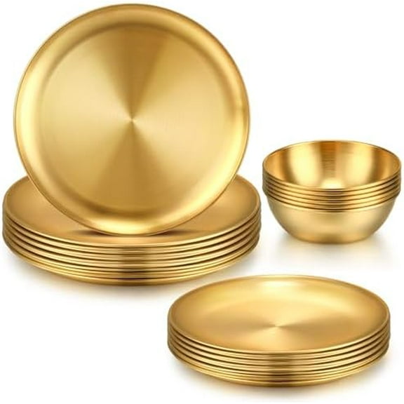 18 Pcs Gold Stainless Steel Dinnerware Set 10'' Metal Gold Dinner Plates 8'' Thickened Dinner Dishes 3.5'' Sauce Bowls Stackable Dishware for Kitchen BBQ Party Picnic, Service for 6