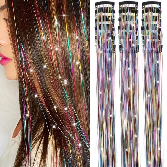18 Pcs Hair Tinsel Clip in, 20.5" Shiny Sparkling Fairy Hair Tinsel Clips, Dazzling Party Rainbow Hair Accessories