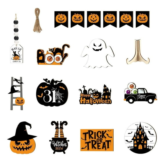 18 Pcs Halloween Tiered Tray Decorations Set Happy Halloween Wooden Sign Cute Gnome Plush Pumpkin Boo Ghost Farmhouse Rustic Tiered Tray Decor for Home Table(1 Set, 18 Pcs)