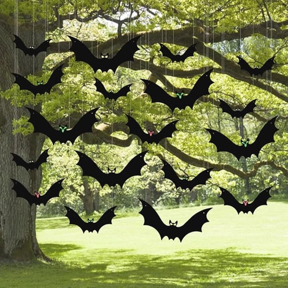 (18 Pcs) Hanging Bats Halloween Decoration Outside, Large Flying Plastic Bats Outdoor Decor, 3 Different Sizes with Cute Eye Stickers for Hanging in The Tree, Porch, Yard, Lawn, Indoor
