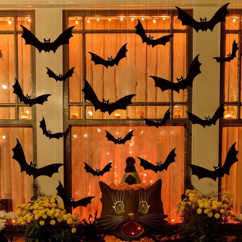 18 Pcs Hanging Bats Halloween Decoration Outside, Large Flying Plastic