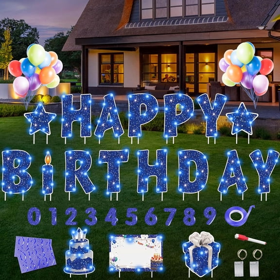 18 Pcs Happy Birthday Yard Sign with 32.8 ft Led Light, 16 Large Size Happy Birthday Yard Sign with Stakes, Weatherproof Personalized Birthday Yard Signs, Outdoor Lawn Garden Party Decoration(Blue)