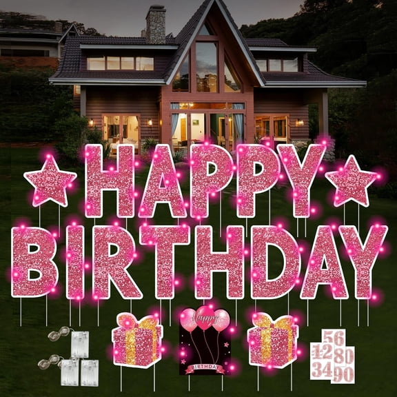 18 Pcs Happy Birthday Yard Sign with Stakes, Pink Happy Birthday Yard Sign with 49.2 Ft LED Light, 16 In Large Personalized Happy Birthday Sign, Waterproof Lawn Garden Birthday Party Decorations