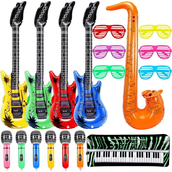 18 Pcs Inflatable Party Props,Inflatable Rock Star Toy Set for Kids 80 90s Party Decorations,include 4 Inflatable Guitar,6 Shutter Shading Glasses,6 Microphones,1 Inflatable Keyboard Piano,1 Saxophone