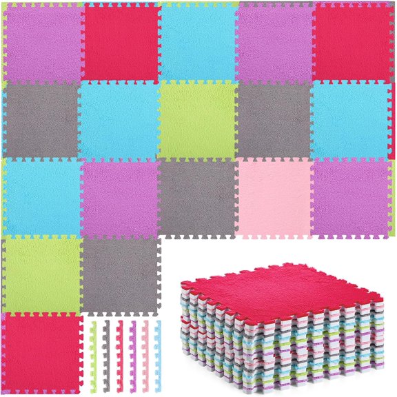 18 Pcs Interlocking Carpet Plush Foam Shaggy Soft Square Carpet Tiles with Border 12" Fluffy Colorful Floor Mats 0.4" Thick Protective Puzzle Playroom Area Rug Playmat for Bedroom
