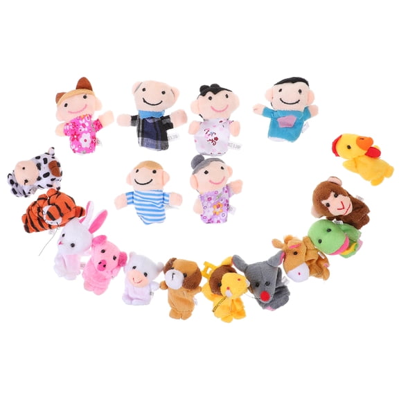Educational Toys Set with 18pcs Soft Finger Puppets for Kids Playing 12 Animals & 6 Family Members
