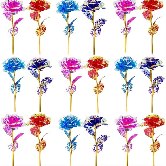 18 Pcs Large DIY Colorful Gold - Foil Galaxy Rose Crystal Flowers Artificial Glass - Like Roses, Eternal Love Symbol Perfect for Mothers Day, Valentines, Weddings, Gifting to Women, Mom, Wife