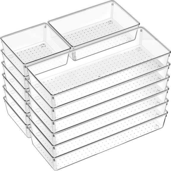 18 Pcs Large Size Clear Drawer Organizer Set, Acrylic Non Slip Non Cracking Kitchen Drawer Storage Tray Divider, Multifunctional Storage for Cosmetics, Bathroom, Tools, Kitchen and Office