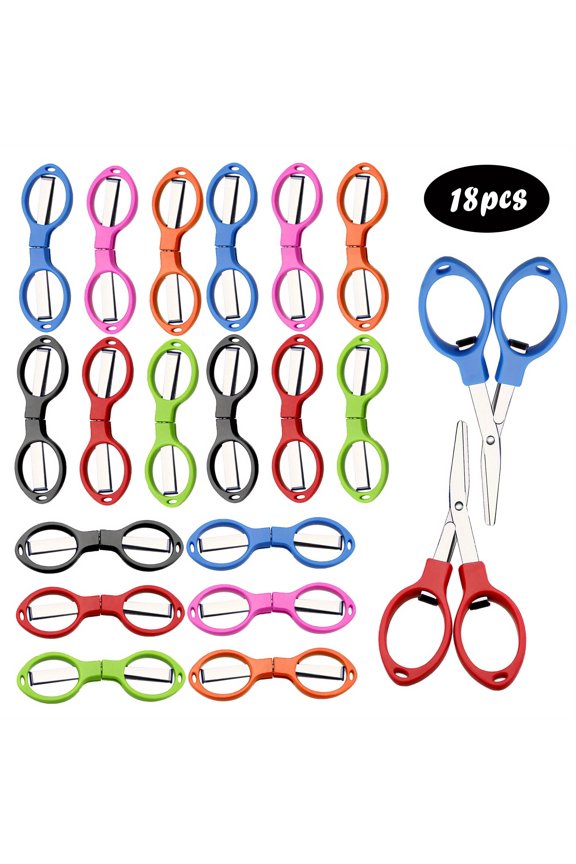 18 Pcs Mini Folding Scissors, Glasses Shaped Stainless Steel Pocket Scissors With Plastic Handle, Portable Keychains For Travel Office School, DIY Craft Cutting Tools