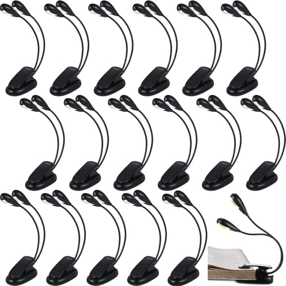 18 Pcs Music Stand Light Bulk Clip on LED Book Lights USB and AAA Battery Operated Brightness Dual Arm Clip Lamp Rechargeable for Eye Protection Bookworms Orchestra Readers Piano Player