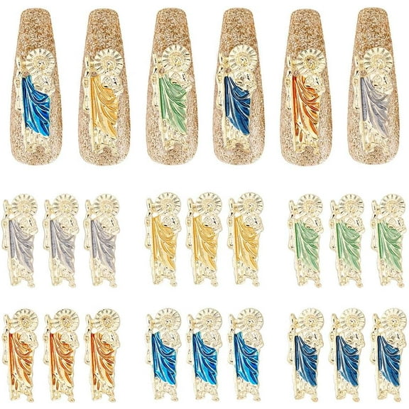 18 Pcs Nail Charm Decoration Retro San Judas Nail Charms Metal Buddha Nail Charms Light Gold Nail Jewelry for Nail Decoration Art Ctrafts Gift