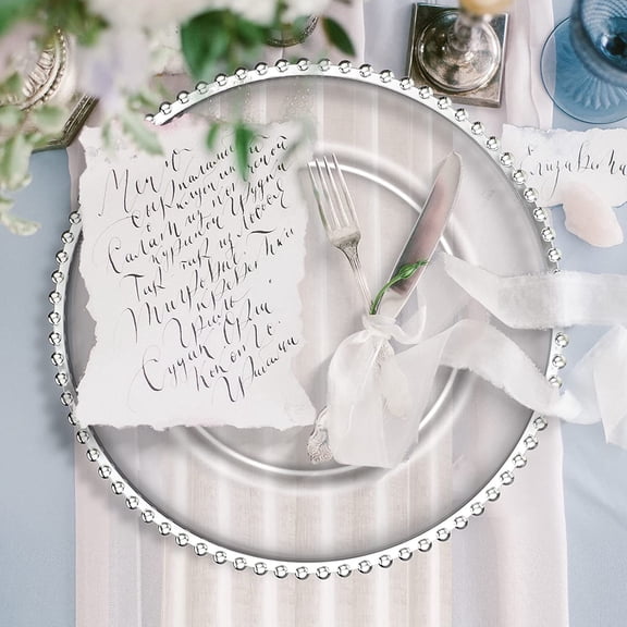 18 Pcs Plastic Beaded Charger Plates 13 Inch Round Dinner Chargers Silver Bead Charger for Dinner Clear Service Plates for Wedding Birthday Party Events Bridal Shower Tabletop Decoration