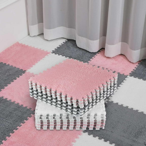 18 Pcs Plush Foam Floor Mat Square Interlocking Carpet Tiles with Border Fluffy Play Mat Floor Tiles Soft Climbing Area Rugs for Home Playroom, 12 x 12 x 0.4 in (White,Pink,Gray