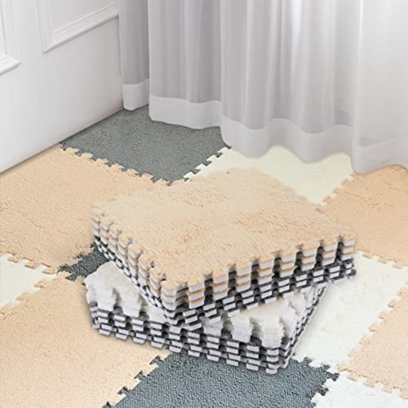 18 Pcs Plush Foam Floor Mat Square Interlocking Carpet Tiles with Border Fluffy Play Mat Floor Tiles Soft Climbing Area Rugs for Home Playroom 12 x 12 x 0.4 in White Light Gray Camel