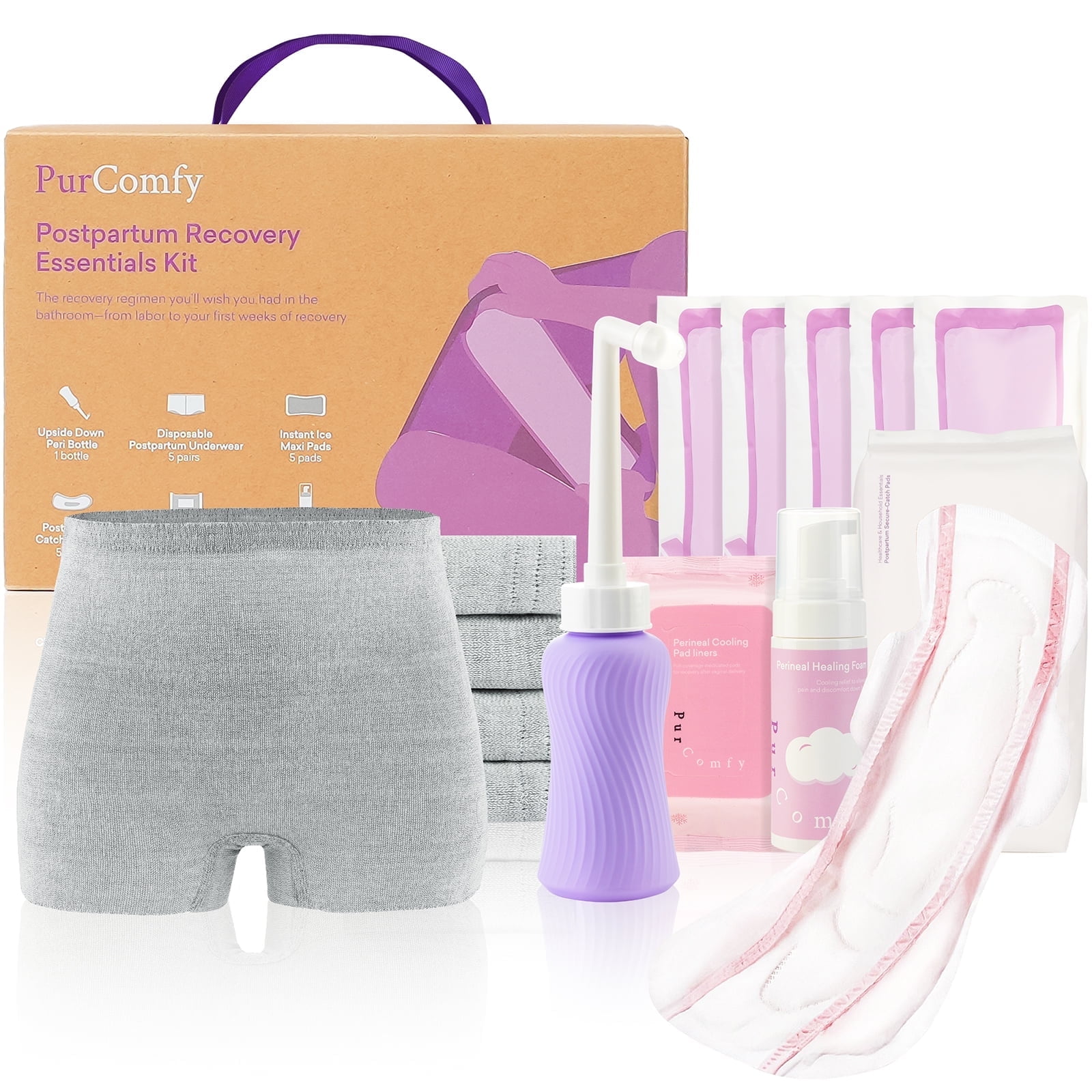 18 Pcs PurComfy Postpartum Essentials Recovery Kit, Includes Disposable Underwear, Perineal Healing Pad Liners, Perineal Healing Foam, Instant Ice Pads, Upside Down Peri Bottle and Postpartum Pads