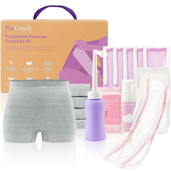 18 Pcs PurComfy Postpartum Essentials Recovery Kit, Includes Disposable Underwear, Perineal Healing Pad Liners, Perineal Healing Foam, Instant Ice Pads, Upside Down Peri Bottle and Postpartum Pads