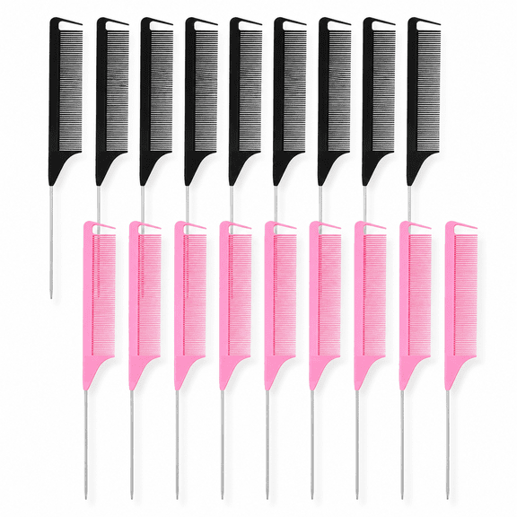 18 Pcs Rat Tail Combs Parting Rattail Teasing Fine Tooth Comb with Steel Pintail Carbon Fiber Heat Resistant Detangling Combs for Women Braiding Curly Hair Salon Styling Hair(Blackpink)