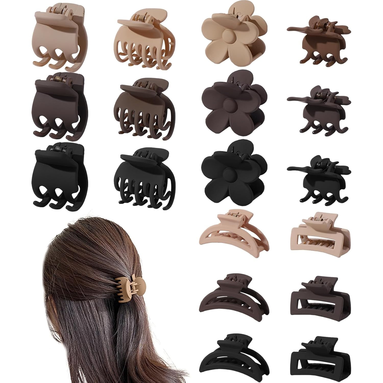 18 Pcs Small Hair Clips Set, Various Styles Butterfly & Flower Claw Clips for Thick & Thin Hair, Neutral