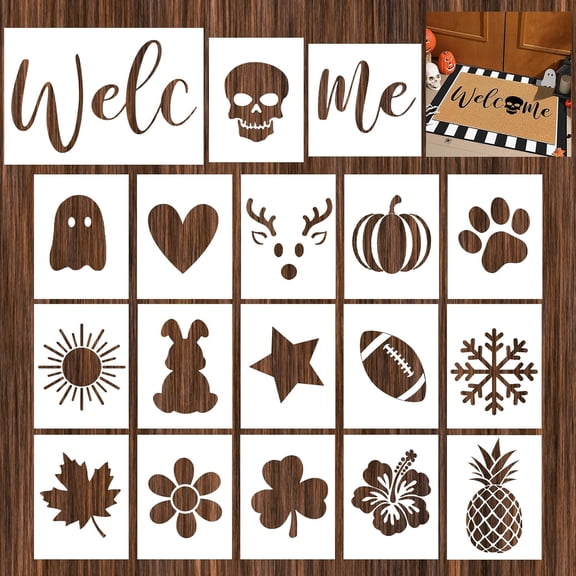18 Pcs Stencils for Door Mats, Large Seasonal Painting Stencils | Holiday Templates, Reusable Coir Doormat Stencils, Welcome Mat Stencil, Drawing DIY Project, Window Walls Floor Canvas Decor