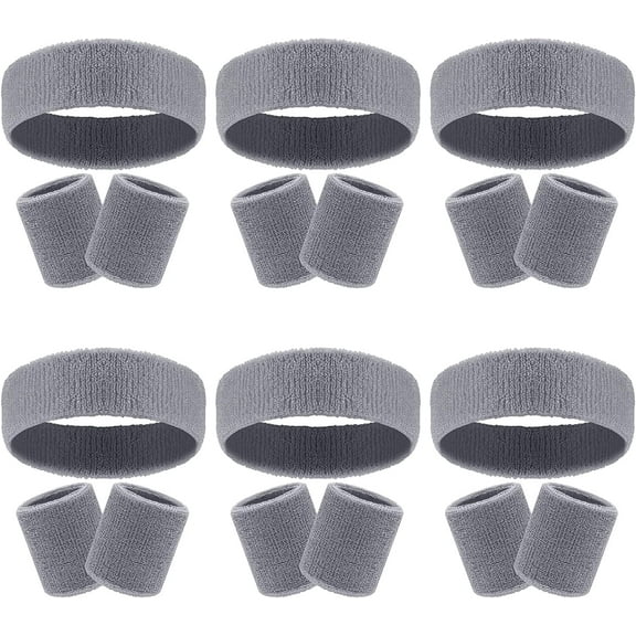 18 Pcs Sweatbands Headband Wristband Set Colorful Striped Terry Cloth Sports Athletic Gym 80s Sweat Headbands Wrist Bands (Light Grey)