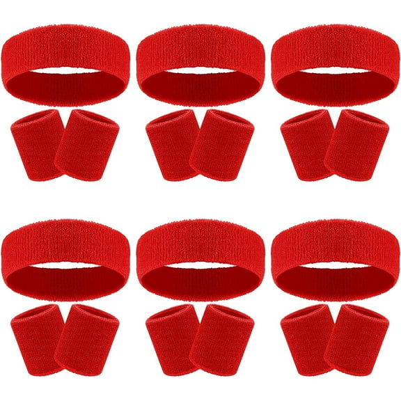18 Pcs Sweatbands Headband Wristband Set Colorful Striped Terry Cloth Sports Athletic Gym 80s Sweat Headbands Wrist Bands (Red)