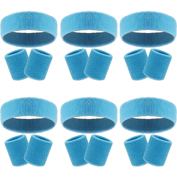 18 Pcs Sweatbands Headband Wristband Set Colorful Striped Terry Cloth Sports Athletic Gym 80s Sweat Headbands Wrist Bands (Sky Blue)