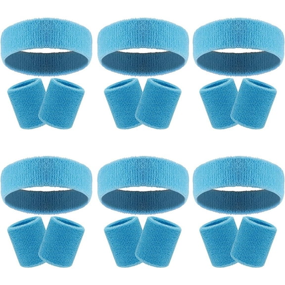 18 Pcs Sweatbands Headband Wristband Set Colorful Striped Terry Cloth Sports Athletic Gym 80s Sweat Headbands Wrist Bands (Sky Blue)