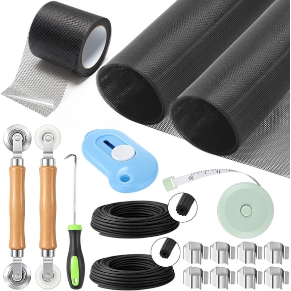 18 Pcs Window Screen Repair Kit Included 2 Rolls 48"x118" Fiberglass Mesh 4"x30ft Screen Repair Tape 8 Clips with Spline, Double Wheel Roller, Hook, Measuring Tape, and Cutter for Door Window