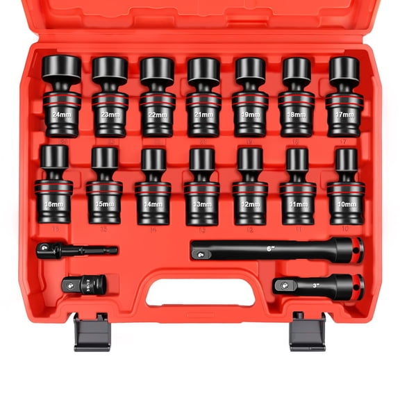18-Piece 1/2" Drive Shallow Impact Universal Joint Socket Set, Metric Swivel Socket Set (10-24mm), Flexible Wobble Sockets with 3", 6" Extension Bar, Adapter, 6 Point