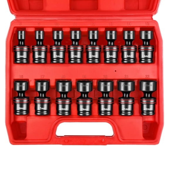 18-Piece 1/2" Drive Shallow Impact Universal Joint Socket Set, Metric Swivel Socket Set (10-24mm), Flexible Wobble Sockets with 3", 6" Extension Bar, Adapter, 6 Point